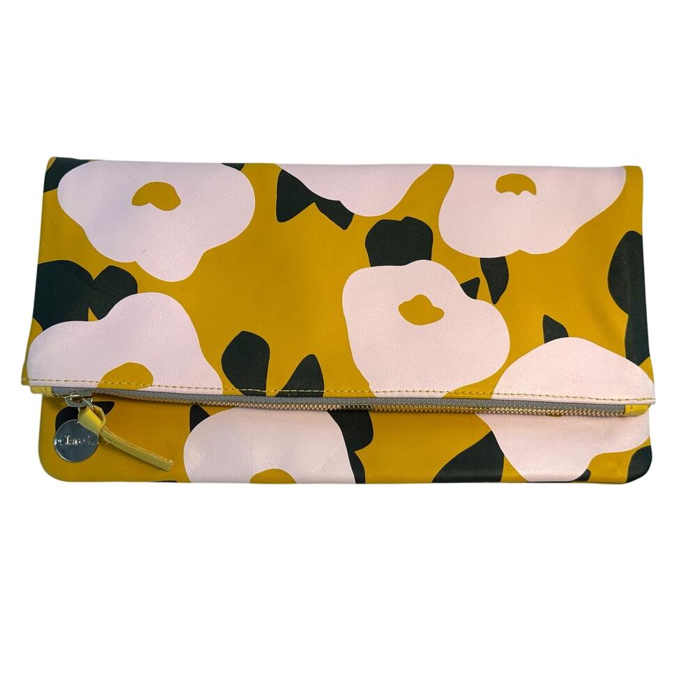Clare V (Vivier) Foldover Leather Clutch Mustard Yellow Floral 11.5" Square